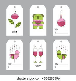 Vector tags set, thin line illustration. Colored pictograms, romantic isolated symbols. Valentine's Day, feelings of romance and love. Simple mono linear modern design.