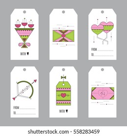 Vector tags set, thin line illustration. Colored pictograms, romantic isolated symbols. Valentine's Day, feelings of romance and love. Simple mono linear modern design.