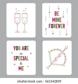 Vector tags set, thin line illustration. Colored pictograms, romantic isolated symbols. Valentine's Day, feelings of romance and love. Simple mono linear modern design.