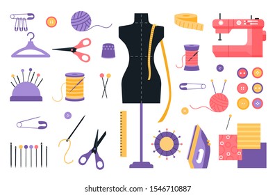Vector tailor icons set  with sewing and knitting tools and accessories - sewing machine, needle, thread, bobbin, mannequin, iron, needle bed, scissors, hanger, button, fabric, pin, thimble.