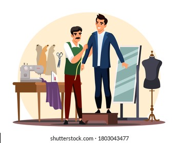 Vector tailor measuring client to make custom suit. Sewing master taking measurement with tape from client. Clothes shop or fashion atelier studio workshop interior. Handcraft garment creation