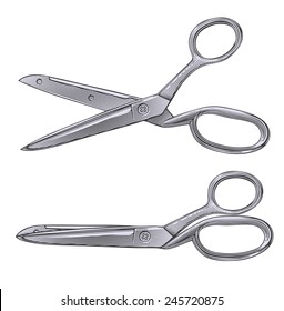  Vector tailor scissors in vintage engraving style.   Isolated, grouped, transparent background.                            