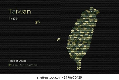 Vector Taiwan Map in Hexagon Style, Taipei Center, Camouflage Colors