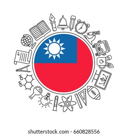 Vector  Taiwan school background, with black linear icons on white. Education pattern with modern line style icons and United Taiwan flag.