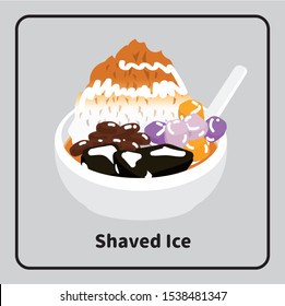 Vector Taiwanese dessert shaved ice, taro ball, grass jelly, beans, condensed milk and ice.