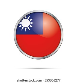 Botón de la bandera taiwanesa del vector. Taiwán, República de China bandera el estilo del botón de vidrio con marco metálico.