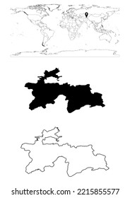 Vector Tajikistan map, map of Tajikistan showing country location on world with solid and outline maps for Tajikistan on white background. File is suitable for digital editing and prints of all sizes.