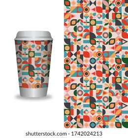 Vector take away coffee packaging templates and design elements for coffee shops - cardboard cup with seamless patterns. Vector illustration