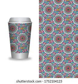 Vector take away coffee packaging templates and design elements for coffee shops - cardboard cup with seamless patterns. Vector illustration