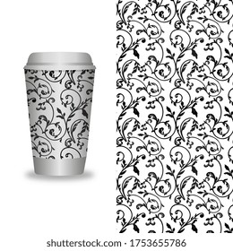 Vector take away coffee packaging templates and design elements for coffee shops - cardboard cup with seamless patterns. Vector illustration