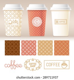 Vector take away coffee packaging templates and design elements for coffee shops - cardboard cups with emblems and logos and seamless patterns in trendy linear style