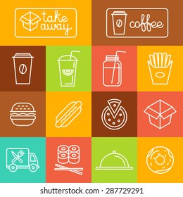 Vector take away food and coffee to go icons and labels in trendy linear style - fast food and cafe concepts 