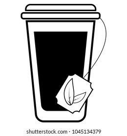 Vector of take away paper cup of hot drinks, hot tea with tea bag. Glass with the brewing of black or green tea.