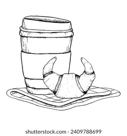 Vector saca una taza de café con croissant sobre la servilleta ilustración vectorial de línea blanca y negra para el diseño de desayuno y descanso para café, café, menús de comida de restaurante