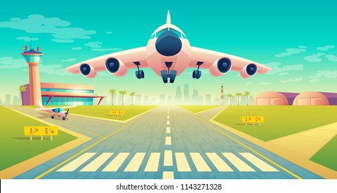 Vector takeoff of the plane on a landing strip for airplanes near of terminal, control room in tower. Asphalt runway - crossroad for passenger transportation, landscape with hangars, buildings.