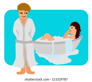 Vector - Taking a bath.Man looking to a woman in the bathtub.