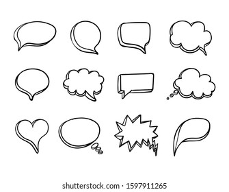 Vector Talk Bubbles Set, Black Lines Isoalted on White Background, Hand Drawn Frames Collection, 3D Speech Comic Elements.