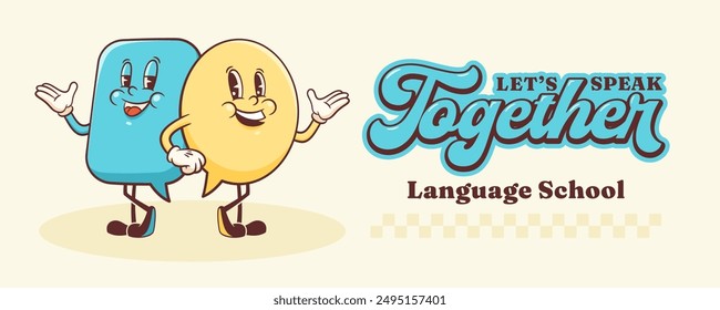 Vector Talk Language Learning Group of Characters Illustration Banner. Groovy Cartoon Speech Bubbles Conversation Chat Message Personage Poster. Isolated