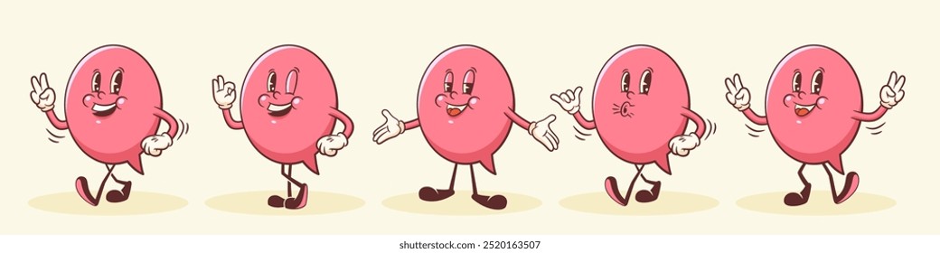 Vetor Talk Language Learning Group of Characters Illustrations Set (Grupo de aprendizado de linguagem de fala vetorial de conjunto de ilustrações de caracteres). Groovy Cartoon Bolhas de Fala Conversa Mensagem de Chat Personage Collection Isolado