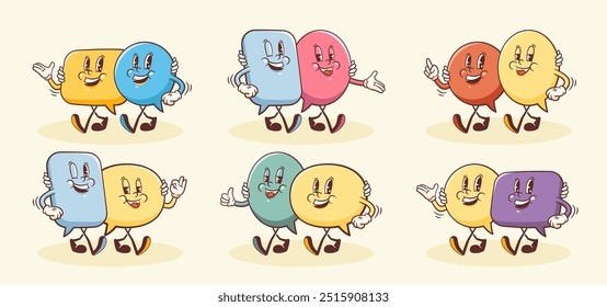 Vector Talk Language Learning Groups of Characters Illustrations Set. Groovy Cartoon Speech Bubbles Conversation in Pairs Chat Message Personage Collection Isolated