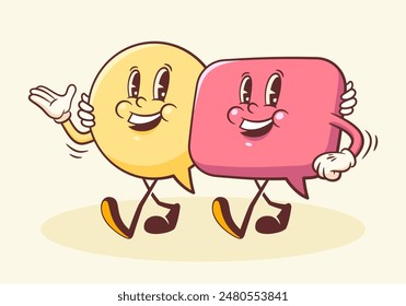 Vector Talk Language Learning Walking Characters Illustration. Groovy Cartoon Speech Bubbles Conversation Chat Message Personage. Isolated