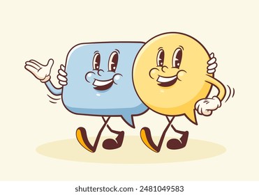 Vector Talk Language Learning Walking Characters Illustration. Groovy Cartoon Speech Bubbles Conversation Chat Message Personage. Isolated