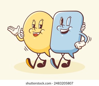 Vector Talk Language Learning Walking Characters Illustration. Groovy Cartoon Speech Bubbles Conversation Chat Message Personage. Isolated