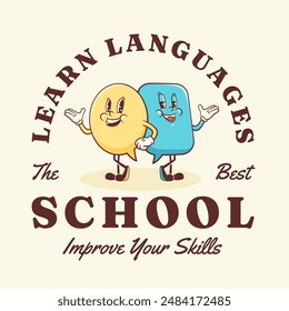 Vector Talk Language School Learning Group of Characters Illustration Logo. Groovy Cartoon Speech Bubbles Conversation Chat Message Personage Poster. Isolated