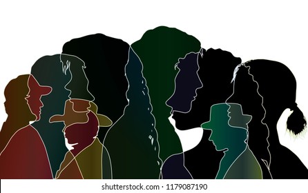 Vector talking crowd. Dialogue between people. Silhouette black profiles. Multiple exposure vector