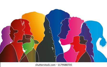 Vector talking crowd isolated. Dialogue between people. Colored silhouette profiles. Multiple exposure vector