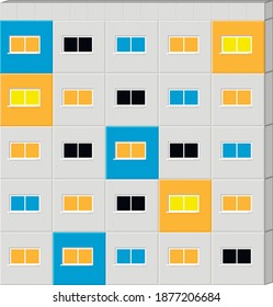 vector tall building with windows. window frames in different colors.