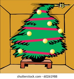 Vector with a tall decorated Christmas-tree in a little room.