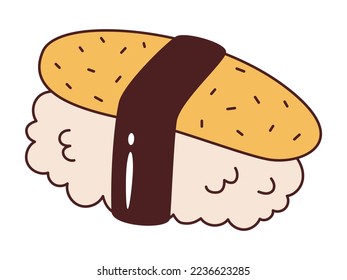 Vector tamago nigiri en estilo retro. Sushi Groovy nigiri con huevos de los años 70.