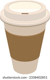 Un vector de un café tostado colorido con una manga de cartón marrón. La llanta de la taza tiene un "Calor de precaución!" advertencia.