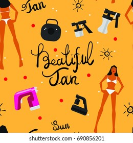 Vector tan spray machine and woman in bikini pattern with calligrpahy text