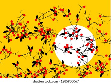 Vector tangled branches with berries. Elements of design in japan style
