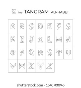 Vector tangram alphabet. 26 linear isolated letters on a white background. Tangram children brain game cutting transformation puzzle vector set.