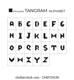 Vector Tangram Alphabet. 26 Silhouette Isolated Letters On A White Background. Tangram Children Brain Game Cutting Transformation Puzzle Vector Set.