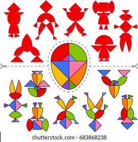 Vector Tangram Egg (geometric puzzle). Collection of 7 objects and answer card. Vector illustration