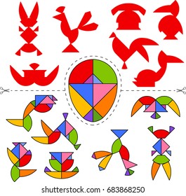 Vector Tangram Egg (geometric puzzle). Collection of 7 objects and answer card. Vector illustration