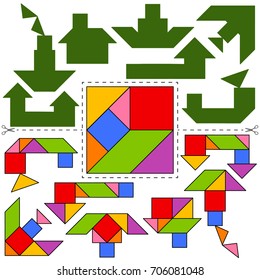 Vector Tangram foursquare of Pythagoras (geometric puzzle). Collection of 7 objects and answer card. Vector illustration