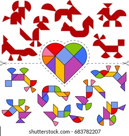 Vector Tangram Heart (geometric puzzle). Collection of 7 objects and answer card. Vector illustration