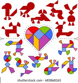 Vector Tangram Heart (geometric puzzle). Collection of 7 objects and answer card. Vector illustration