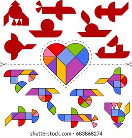 Vector Tangram Heart (geometric puzzle). Collection of 7 objects and answer card. Vector illustration