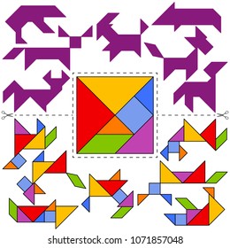 Vector Tangram Puzzle Animals Collection (geometric puzzle). Collection of 7 objects and answer card. Vector illustration