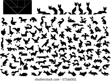 Vector Tangram Puzzle Animals Collection - elements for art and design from China (Chinese) (birds,cats, lions, dogs, apes, swan, fish, duck, bear, fox, eagle, parrot, whale, rooster, turkey etc)