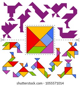 Vector Tangram Puzzle Birds Collection (geometric puzzle). Collection of 7 objects and answer card. Vector illustration