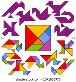 Vector Tangram Puzzle Birds Collection (geometric puzzle). Collection of 7 objects and answer card. Vector illustration