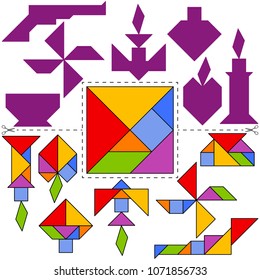 Vector Tangram Puzzle Collection (geometric puzzle). Collection of 7 objects and answer card. Vector illustration