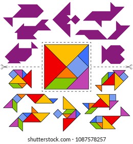 Vector tangram puzzle fishes collection (geometric puzzle). Collection of 7 objects and answer card. Vector illustration